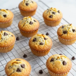 A close-up of freshly baked mini banana chocolate chip muffins on a wooden table.