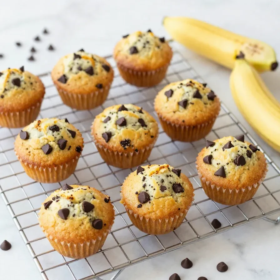 A close-up of freshly baked mini banana chocolate chip muffins on a wooden table.