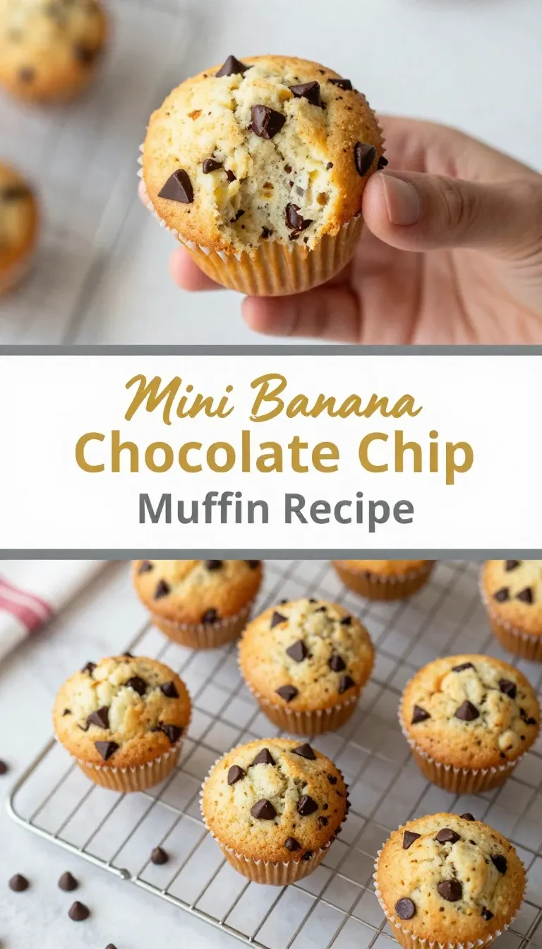 A close-up of freshly baked mini banana chocolate chip muffins on a wooden table.