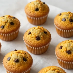 A close-up of freshly baked pumpkin chocolate chip muffins on a wooden table.