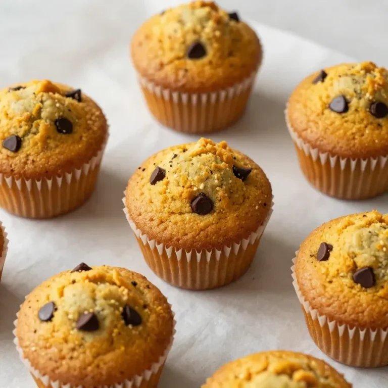 A close-up of freshly baked pumpkin chocolate chip muffins on a wooden table.