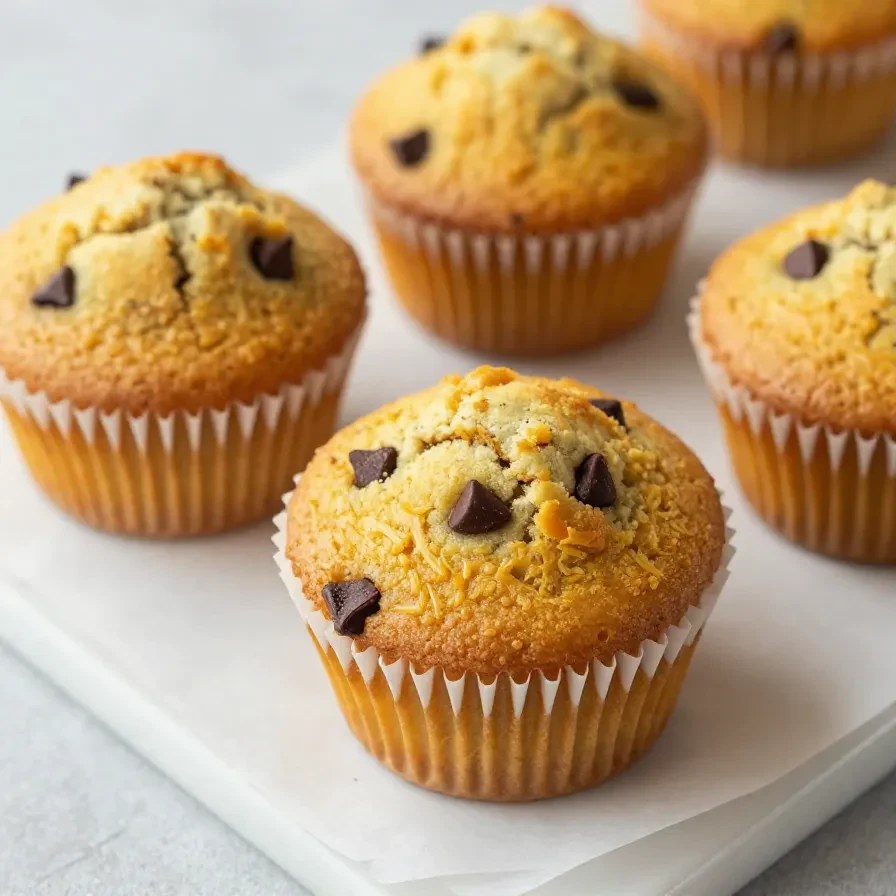 A close-up of freshly baked pumpkin chocolate chip muffins on a wooden table.