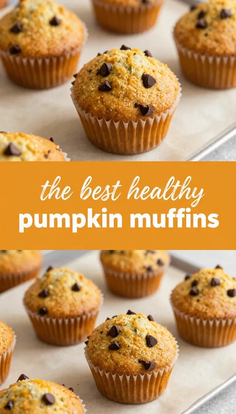 A close-up of freshly baked pumpkin chocolate chip muffins on a wooden table.