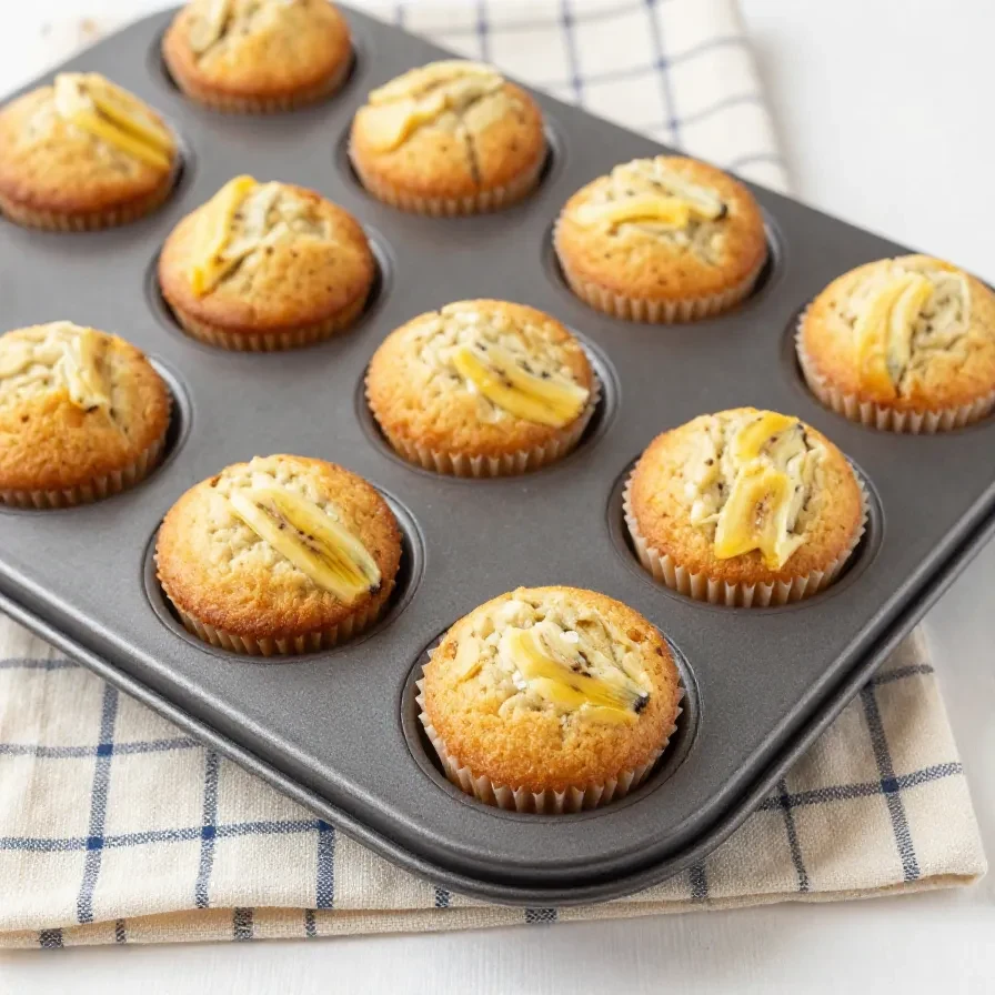 A plate of freshly baked mini banana muffins with golden tops.