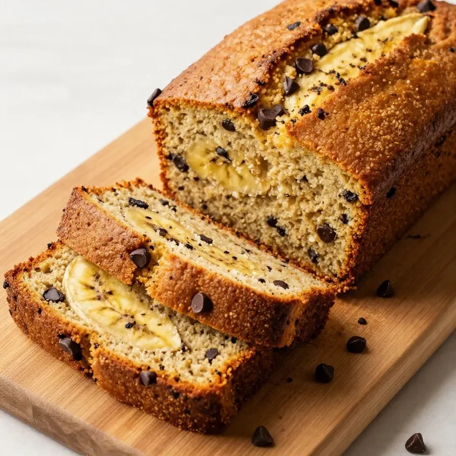 A freshly baked loaf of chocolate chip banana bread on a wooden cutting board.