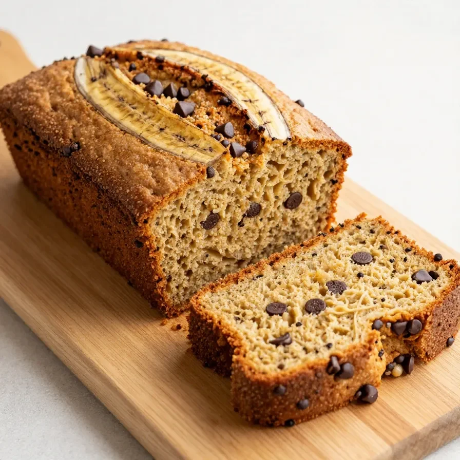 A freshly baked loaf of chocolate chip banana bread on a wooden cutting board.