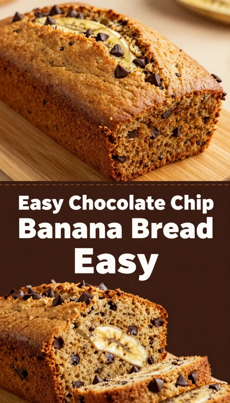 A freshly baked loaf of chocolate chip banana bread on a wooden cutting board.