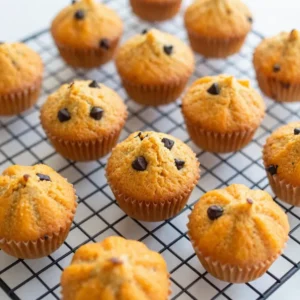 Freshly baked mini pumpkin muffins on a wooden table, perfect for a fall treat.