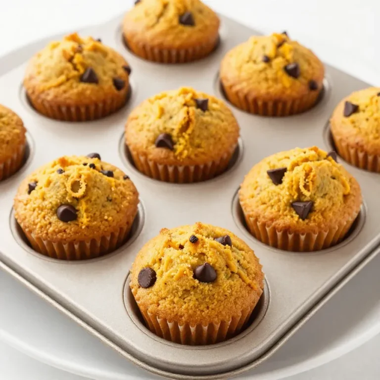 A close-up of freshly baked pumpkin chocolate chip muffins on a wooden table.