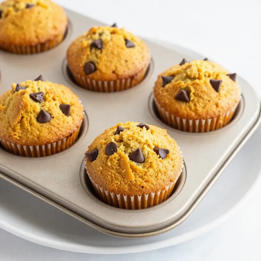 A close-up of freshly baked pumpkin chocolate chip muffins on a wooden table.