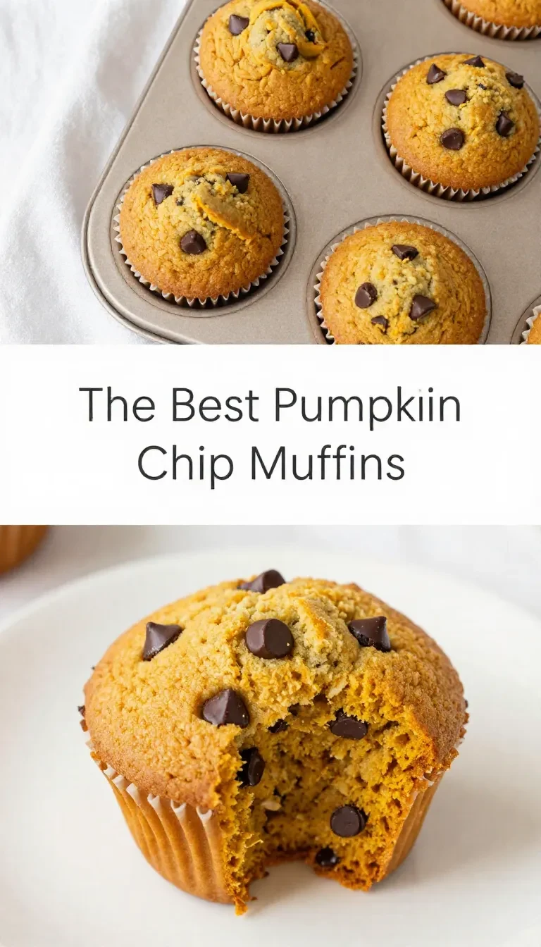 A close-up of freshly baked pumpkin chocolate chip muffins on a wooden table.
