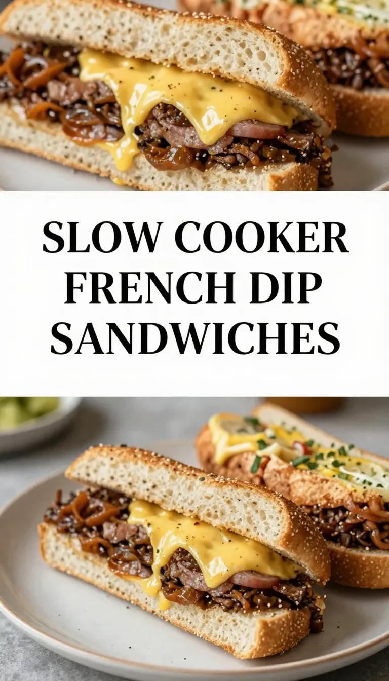 A crockpot filled with tender beef slices for a French dip sandwich recipe.