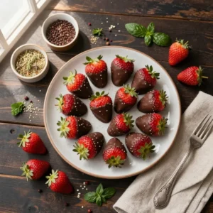 A close-up of chocolate-covered strawberries arranged on a plate, perfect for Father's Day celebrations.
