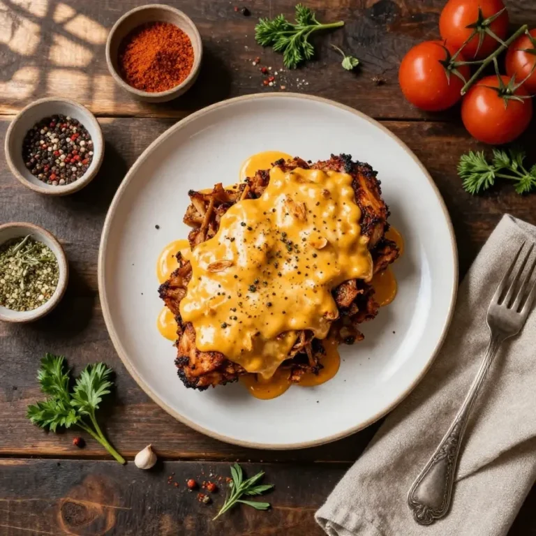 A cast-iron skillet filled with sliced chicken Philly cheese steaks, melted provolone cheese, sautéed bell peppers and onions, served on a toasted hoagie roll.