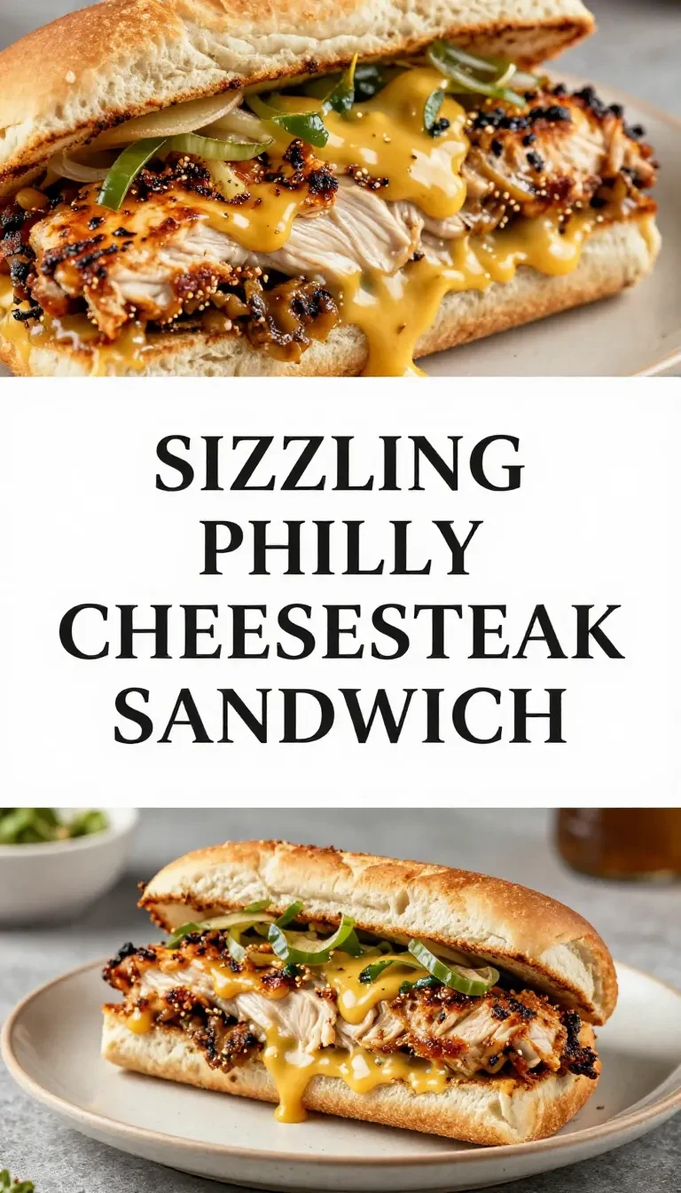 A cast-iron skillet filled with sliced chicken Philly cheese steaks, melted provolone cheese, sautéed bell peppers and onions, served on a toasted hoagie roll.