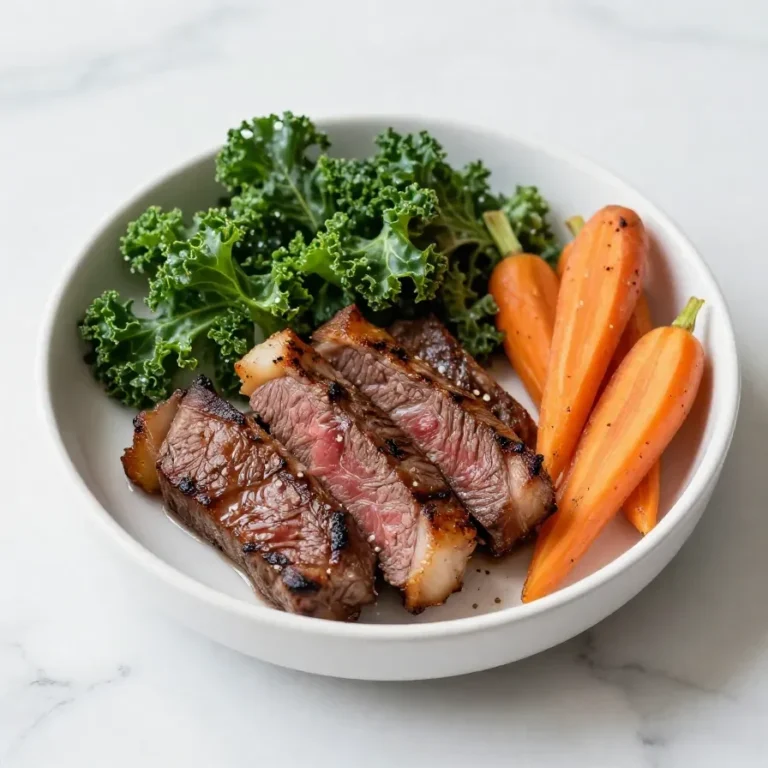 A perfectly cooked steak served with sautéed kale and roasted carrots on a plate.