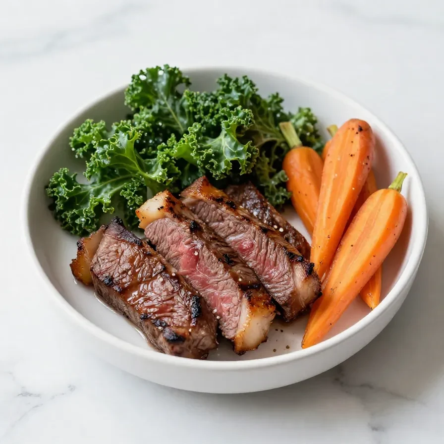 A perfectly cooked steak served with sautéed kale and roasted carrots on a plate.
