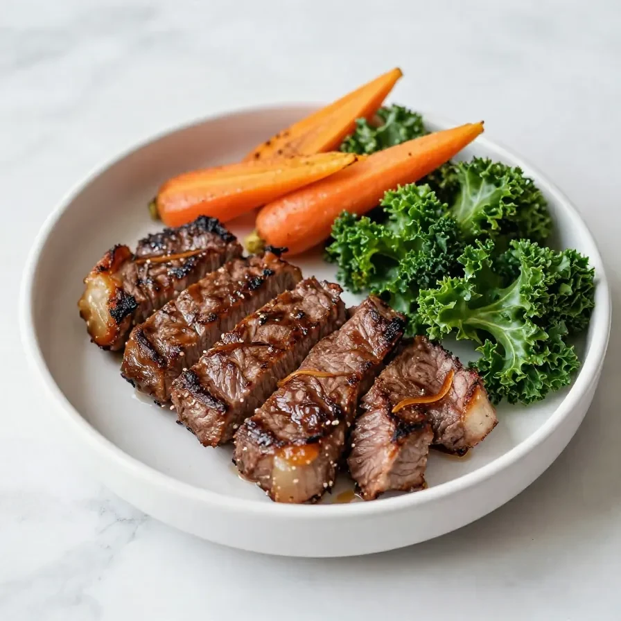 A perfectly cooked steak served with sautéed kale and roasted carrots on a plate.