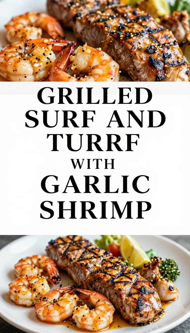 A delicious grilled surf and turf platter featuring steak and garlic butter shrimp, perfect for Father's Day.