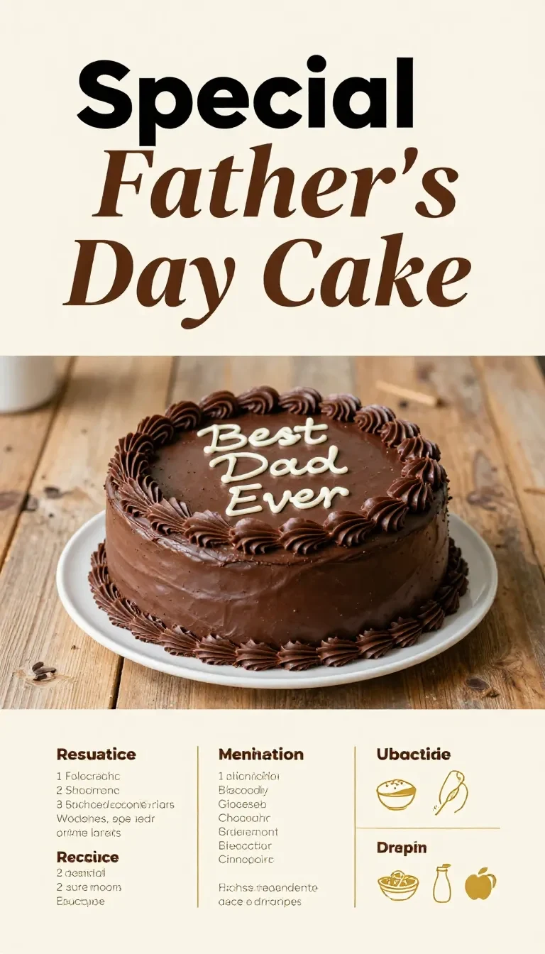 A beautifully decorated Father's Day cake with chocolate frosting and 'Happy Father's Day' written on top.