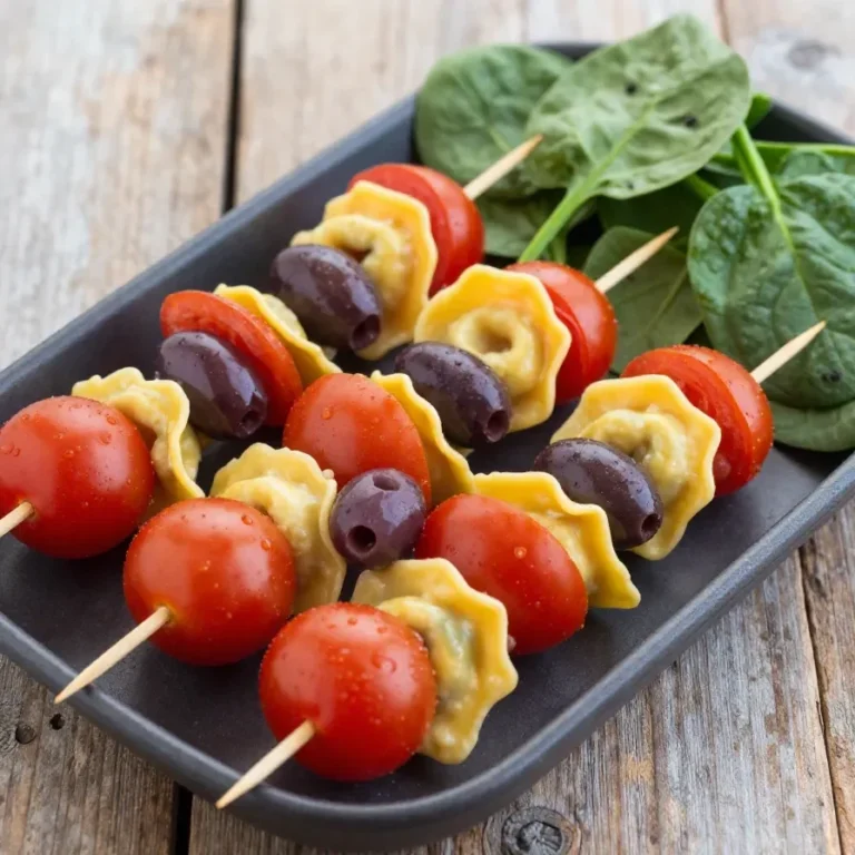 Colorful antipasto skewers with olives, cheese, cured meats, and vegetables on a wooden cutting board.