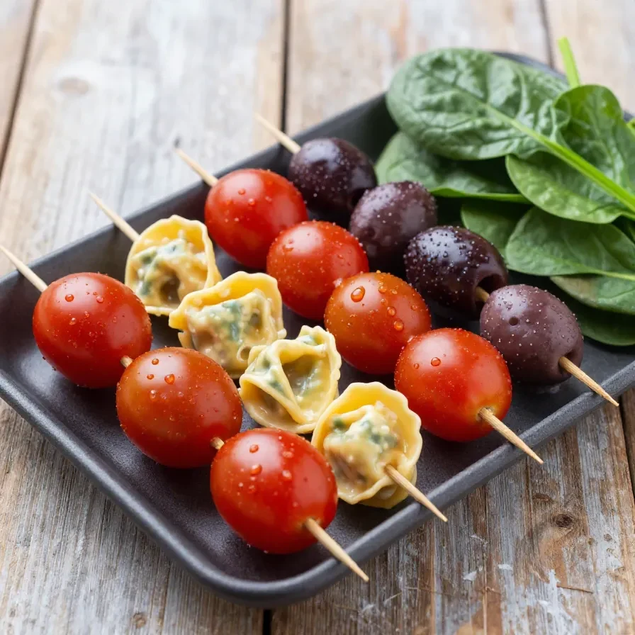 Colorful antipasto skewers with olives, cheese, cured meats, and vegetables on a wooden cutting board.