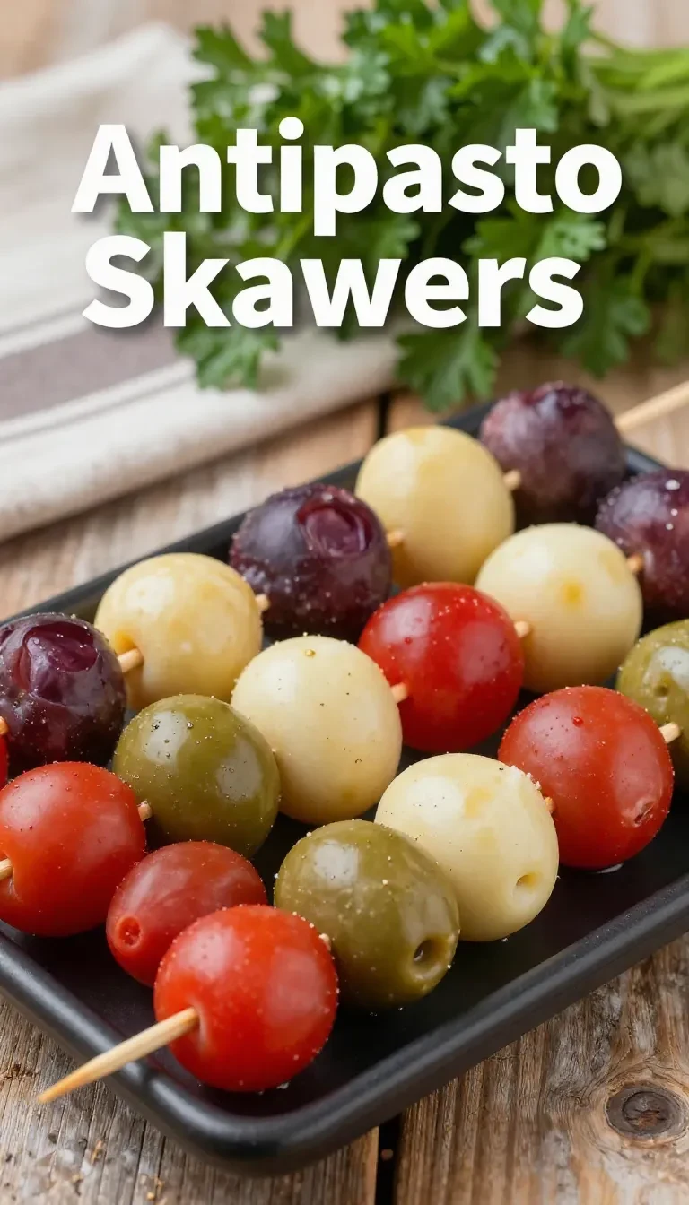 Colorful antipasto skewers with olives, cheese, cured meats, and vegetables on a wooden cutting board.