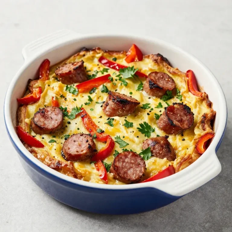A delicious make-ahead breakfast casserole served in a white dish, perfect for Father's Day brunch.