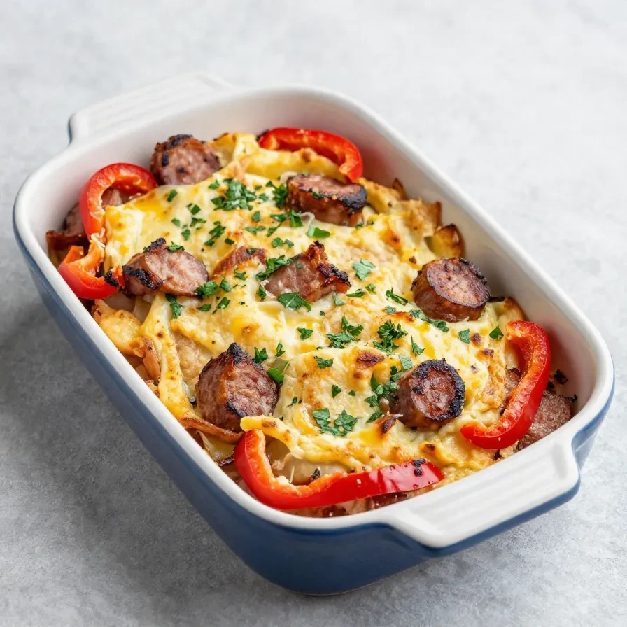 A delicious make-ahead breakfast casserole served in a white dish, perfect for Father's Day brunch.