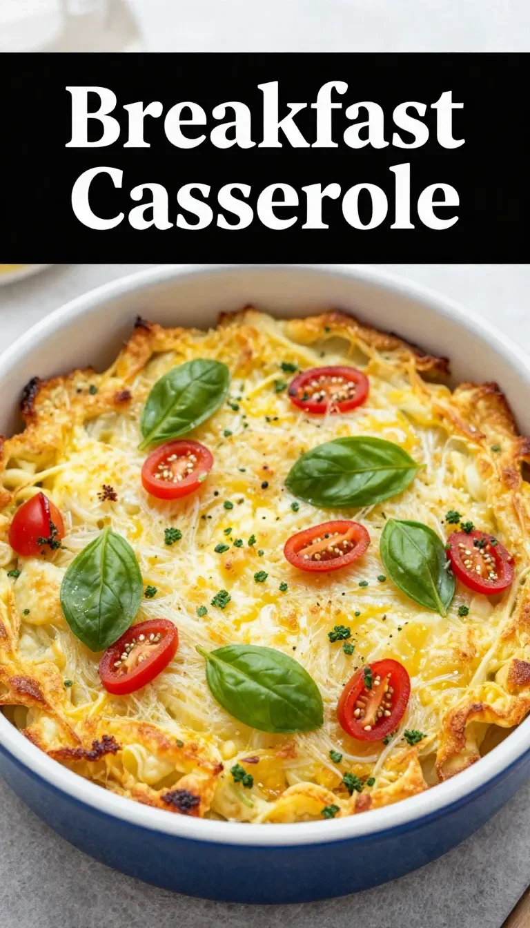 A delicious make-ahead breakfast casserole served in a white dish, perfect for Father's Day brunch.