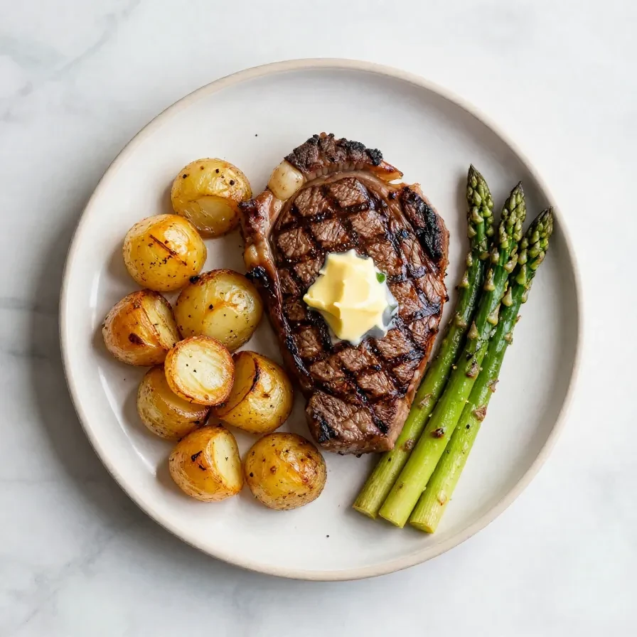 A perfectly grilled steak dinner served with roasted vegetables and wine, set for Father's Day celebration.