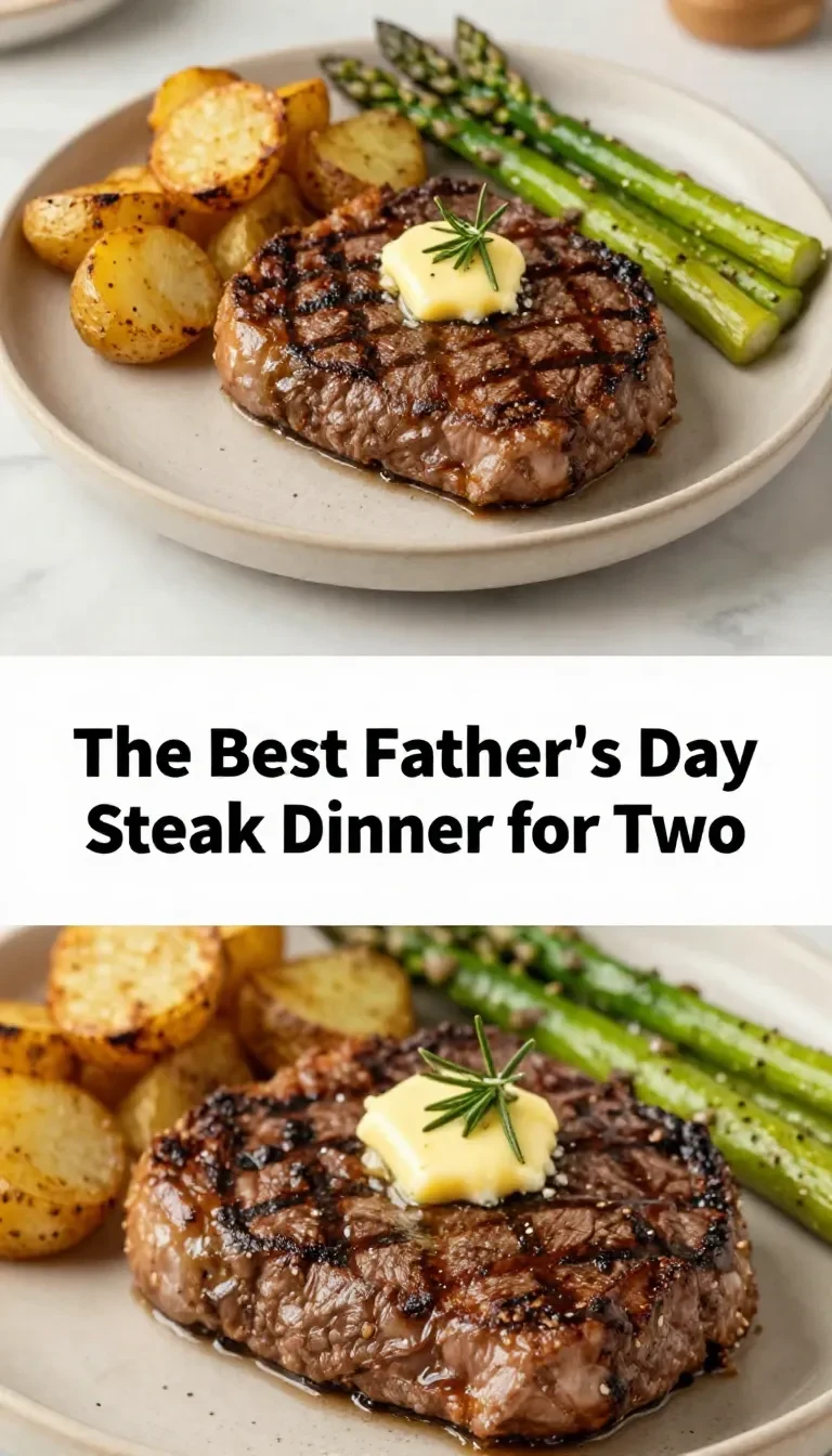 A perfectly grilled steak dinner served with roasted vegetables and wine, set for Father's Day celebration.
