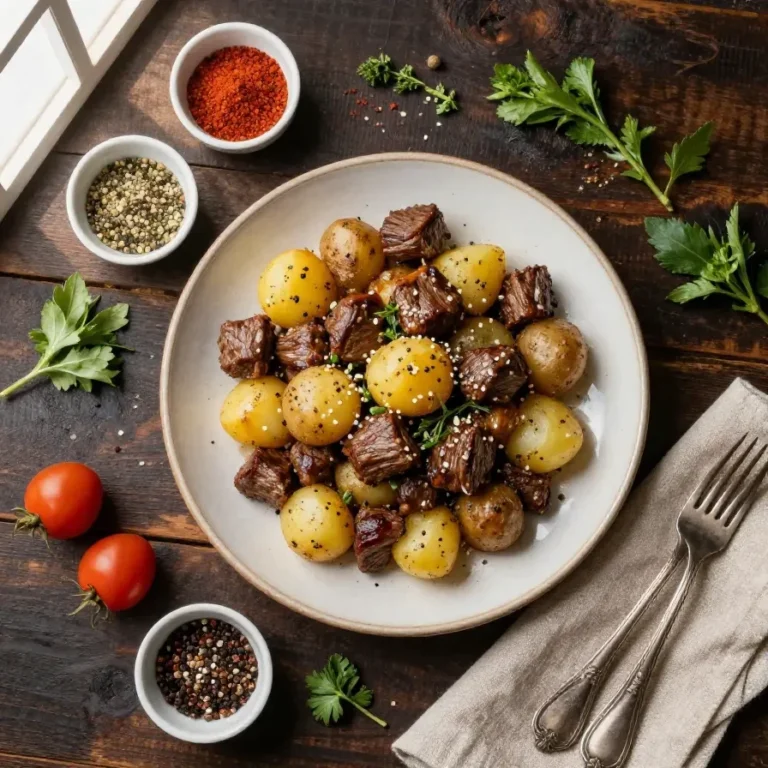 A hearty dish of slow cooker garlic butter beef bites served with tender potatoes on a plate.