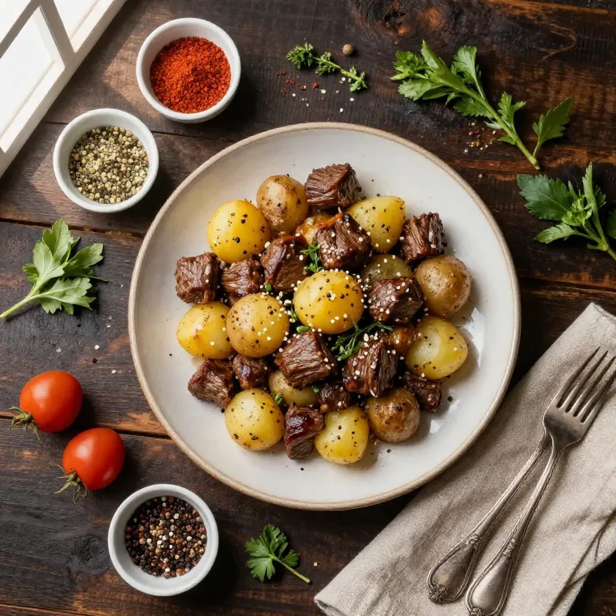 A hearty dish of slow cooker garlic butter beef bites served with tender potatoes on a plate.
