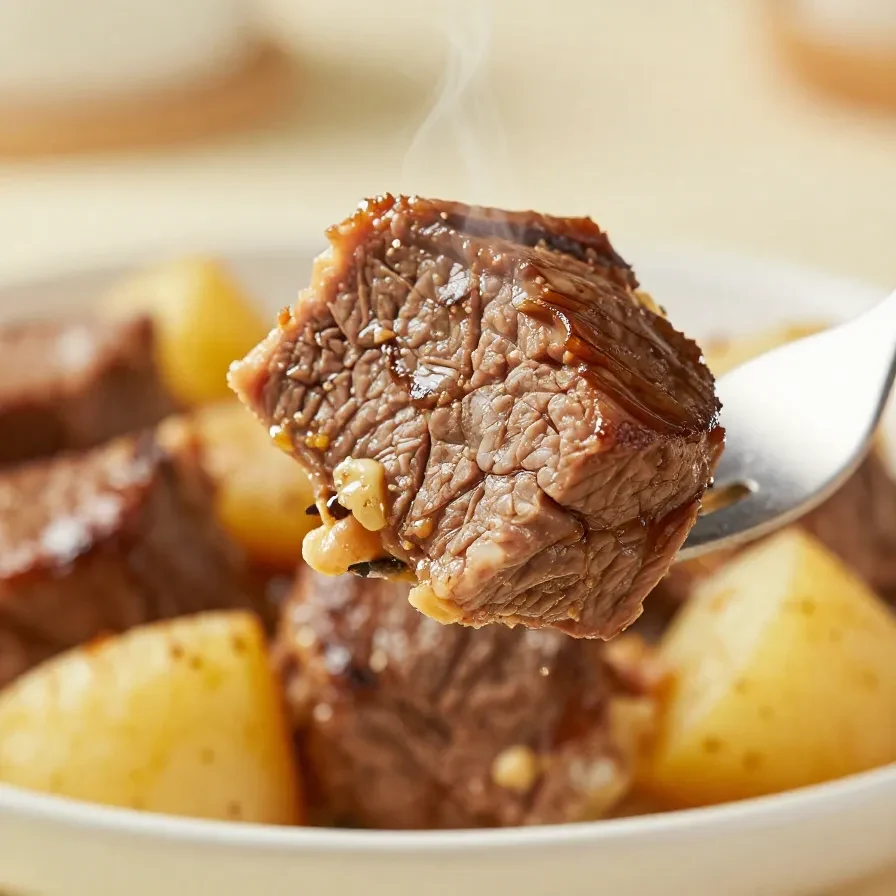 A hearty dish of slow cooker garlic butter beef bites served with tender potatoes on a plate.