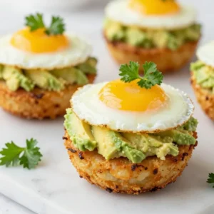 Crispy hash brown avocado egg cups served on a white plate, perfect for breakfast or brunch.