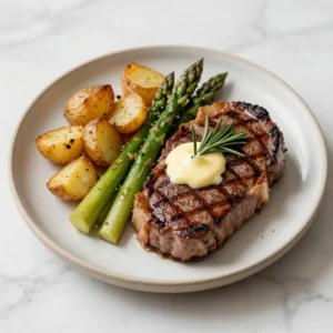 A perfectly grilled steak dinner served with roasted vegetables, celebrating Father's Day for two.