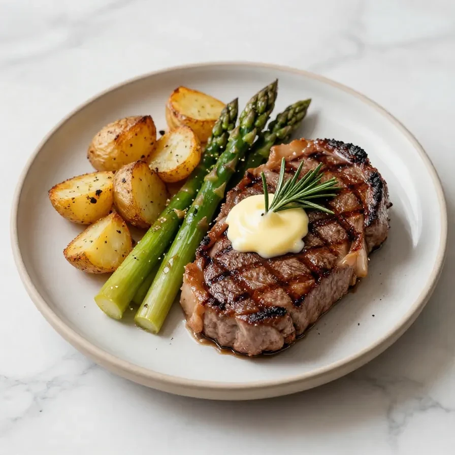 A perfectly grilled steak dinner served with roasted vegetables, celebrating Father's Day for two.