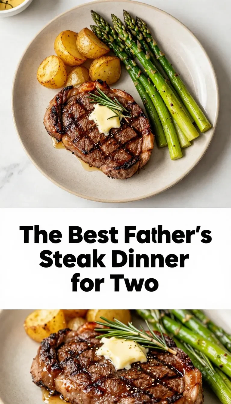 A perfectly grilled steak dinner served with roasted vegetables, celebrating Father's Day for two.