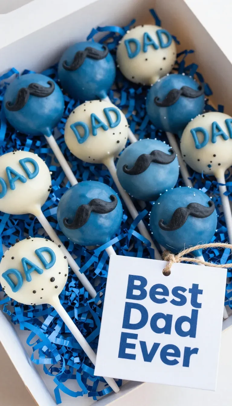 A close-up of colorful Father's Day cake pops decorated with ties and mustaches.