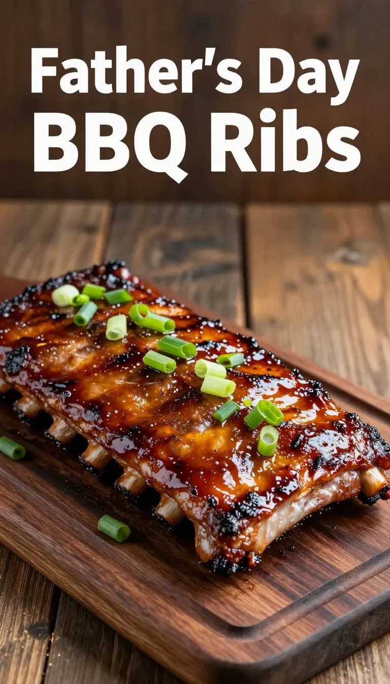 A father grilling BBQ ribs on a sunny day, celebrating Father's Day.