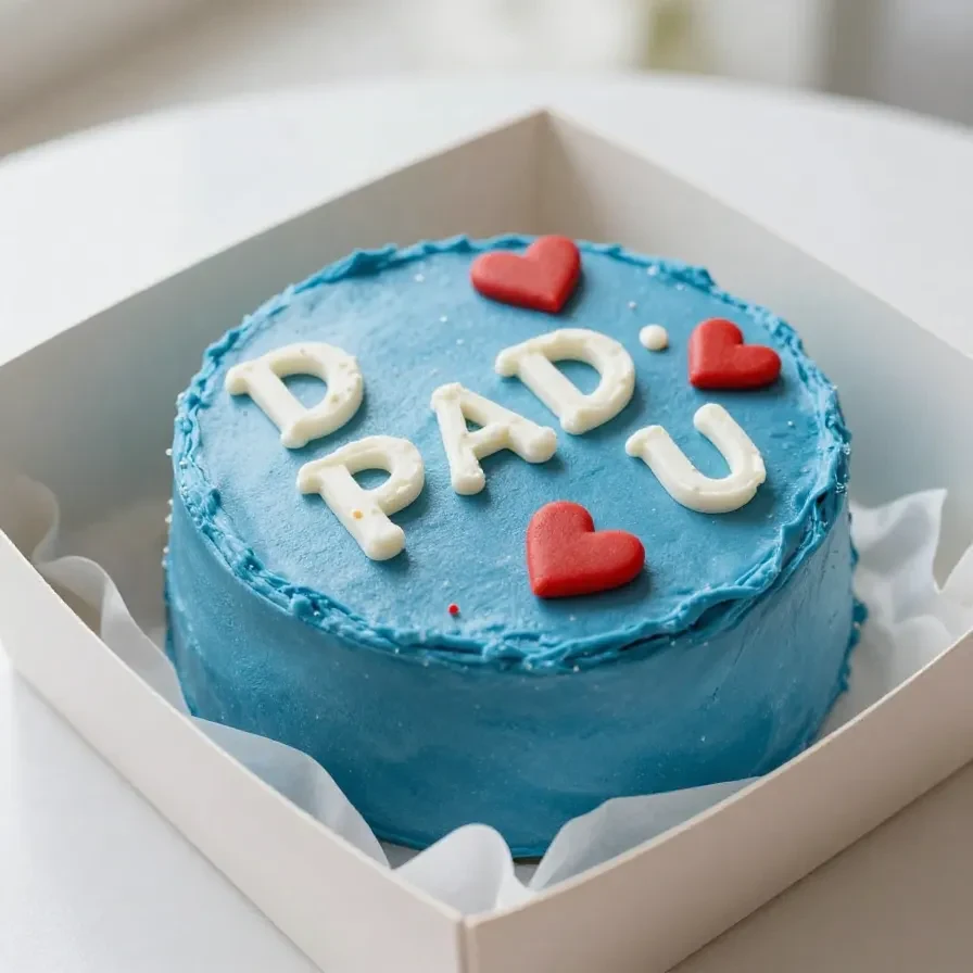 A beautifully decorated blue cake with 'Happy Father's Day' written on top, surrounded by festive elements.