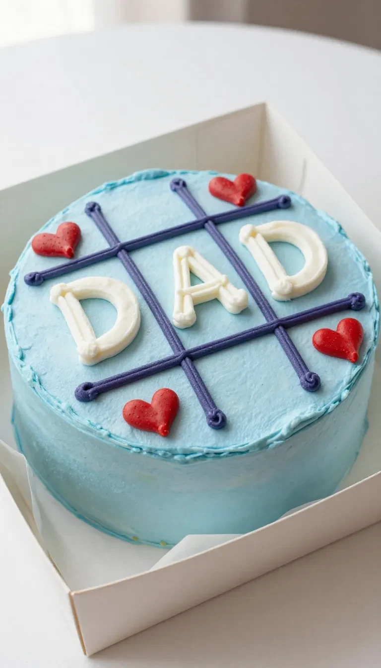 A beautifully decorated blue cake with 'Happy Father's Day' written on top, surrounded by festive elements.