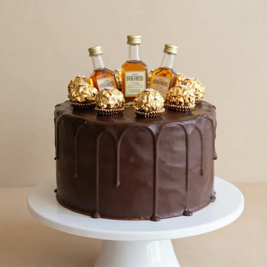 A decadent Ferrero Rocher cake topped with chocolate ganache and hazelnuts.