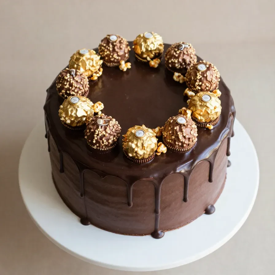 A decadent Ferrero Rocher cake topped with chocolate ganache and hazelnuts.