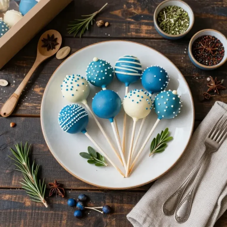 Blue and white cake pops decorated for Father's Day in a treat box.