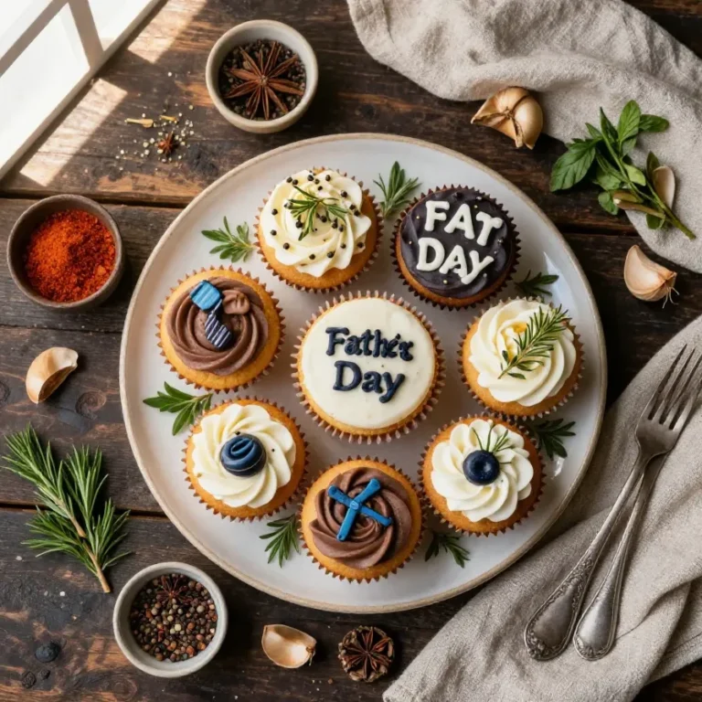 A plate of colorful cupcakes decorated for Father's Day celebration.
