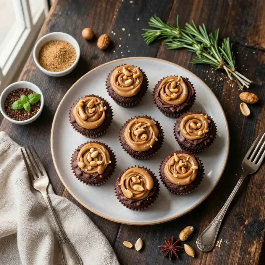 Close-up of peanut butter and chocolate cupcakes topped with creamy frosting and chocolate sprinkles.