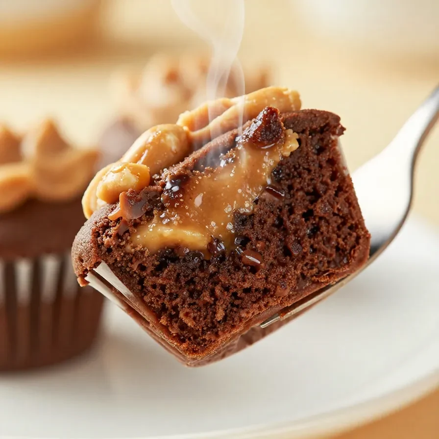 Close-up of peanut butter and chocolate cupcakes topped with creamy frosting and chocolate sprinkles.