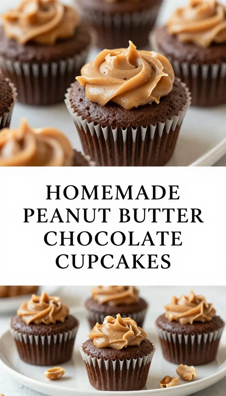 Close-up of peanut butter and chocolate cupcakes topped with creamy frosting and chocolate sprinkles.